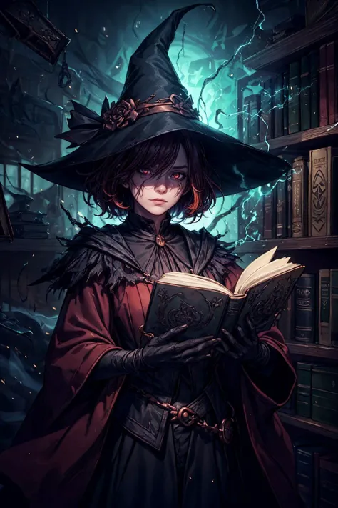 (best quality, masterpiece:1.2), photorealistic, thick outlines, strong shadows, <lora:add_detail:0.75>,
1 girl, adult (elven:0.7) woman, ruby eyes, copper beach waves hair,
(style-swirlmagic:1.0), looking down, solo, half shot, detailed background, detailed face, (<lora:WitchcraftPunkAI:0.5>, WitchcraftPunkAI theme:1.1) evil summoner, tattered red magical robes, determined expression, crimson color scheme, dark purple light, library, bookshelves, glowing magical text, evil book, dark atmosphere, shadows, realistic lighting, floating particles, sparks, surrounded by yellow lightning <lora:LightingVFX:0.1>, casting spell, green arcane symbols, corrupted by eldritch power, power-hungry eyes,