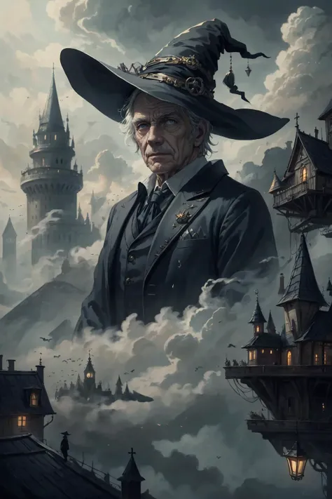 (masterpiece, best quality), photorealistic rendering, <lora:add_detail_v5:1>
(1man, wrinkled face, old male:1.2), grey-blue eyes, brown hair, scissor cut,
(character focus:1.1), portrait, solo, (full body:0.6), detailed background, detailed face, (<lora:WitchcraftPunkAI:0.5>, WitchcraftPunkAI theme:1.1), aristocratic pose, ruling class, elegant clothing, elegant hat, looking over floating (cloud city:1.1), utopian cloudtop sky-city, floating platforms, floating buildings, tower, balcony, ziplines, propellers, clouds in background, wind blowing, cinematic atmosphere,
<hypernet:sxzBloom_sxzBloom:0.2>,