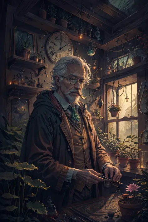 (masterpiece, best quality), abstract and colorful paint style, <lora:add_detail_v5:1>
(1man, old male:1.2), wise, brown eyes, white hair, mustache,
(style-swirlmagic:0.8), focus on character, portrait, solo, upper body, looking down, detailed background, detailed face, (<lora:WitchcraftPunkAI:0.5>, WitchcraftPunkAI theme:1.1), focusing, botanist, planters, roots, mandrake, magical plants, blooming flowers, glowing plants, greenhouse effect, floating plants, magic, green energy, lotus, wild growth, seeds, mushrooms, ferns, botanical laboratory in background, sunshine, magical atmosphere,
<lora:colorhalf00d:0.3>, colorhalf00d,