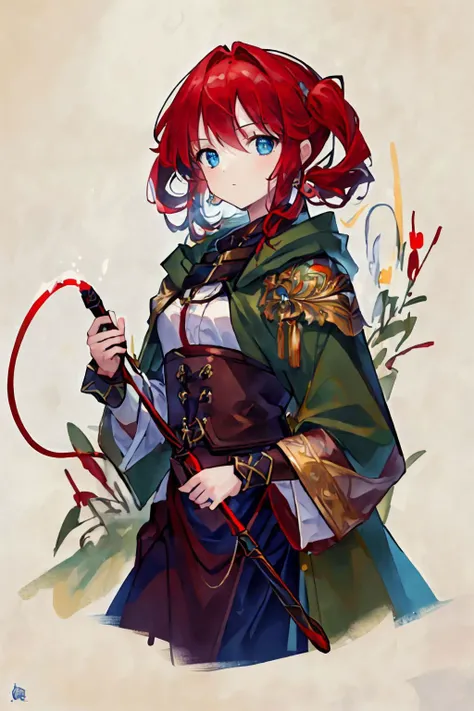 4k, ((masterpiece),(best quality),(ultra-detailed)), Red hair blue eyes hunter green and gold with a whip, portrait, <lora:WitchcraftPunkAI:1>