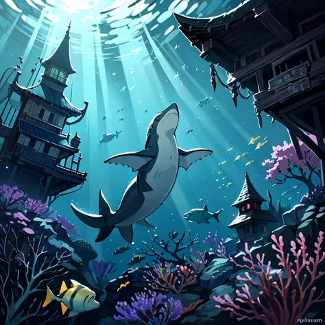muscular (black sclera:1.1) aquatic monster girl, Nereid, fins, shark girl, seawolf, detailed background, detailed face, underwater, BREAK (focus on character:1.1), solo, half shot, looking up, detailed background, detailed face, <lora:WitchcraftPunkAI:0.5>, WitchcraftPunkAI theme:1.1), mystical atlantean, aquatic guardian, elegant, wearing aquatic clothes, seashell 0.5::crown, dynamic pose, seaweed, under the sea, underwater, realm (style-swirlmagic:0.8), mystical aura, ancient underwater civilization, sunken buildings, atlantis, sunken treasure in background, (dolphins:0.8), translucence, filtered light, sun rays penetrating the water, magical atmosphere,