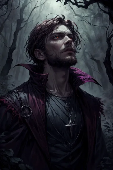 (masterpiece, best quality), photorealistic rendering,  abstract and colorful paint style, <lora:add_detail:1>
(1man, thin adult  male:1.2),  pink eyes, dark brown hair, short beard,
Style-GravityMagic, portrait, solo, upper body, looking up, detailed background, detailed face, (<lora:WitchcraftPunkAI:0.5>, WitchcraftPunkAI theme:1.1) vampire, glowing eyes,   vampire fangs,  [dark:brown:5] clothes,    pendant, brooding, evil expression,   supernatural abilities, ethereal aura,   cobwebs, forest in background,  dark clouds, dark night,  mist, shadows, gothic atmosphere,