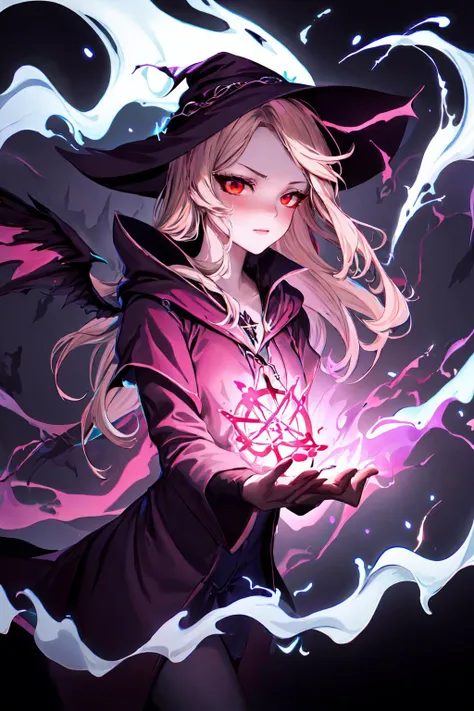 masterpiece, best quality, highres, 1girl, adult female:1.3, solo, charlie morningstar, colored skin, blonde hair, red eyes, colored sclera, <lora:hazbinhotel_morningstar_v11:0.9>, (style-swirlmagic:1.0), looking down, solo, half shot, detailed background, detailed face, (<lora:WitchcraftPunkAI:0.5>, WitchcraftPunkAI theme:1.1) evil mage, tattered light brown magical robes, determined expression, crimson color scheme, dark crimson light, study room, glowing magical runes, dark atmosphere, shadows, realistic lighting, floating particles, sparks, surrounded by blue lightning <lora:LightingVFX:0.1>, summoning, red arcane symbols, power-hungry eyes, bloom,, (((hell, hell fire))), <lora:add_detail:0.5>