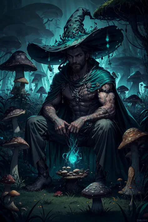 (best quality, masterpiece:1.2), 8k detailed cgi render, thick outlines, strong shadows, <lora:add_detail:0.75>,
(1man, muscular adult european male:1.2), teal eyes, brown hair, long mustache,
portrait, solo, (full body:0.6), looking down, detailed background, detailed face, (<lora:WitchcraftPunkAI:0.5>, WitchcraftPunkAI theme:1.1) smile, mushroom druid, sitting, (style-sylvamagic:0.8), (Style-SwampMagic:0.4), mushroom themed light green clothing, natural, swirling magical energy in the air, druidic, moss, magical glowing mushrooms, field of mushrooms, living mushrooms, growth, mushroom garden in background, eerie dark night, blue magical lights, ethereal atmosphere,