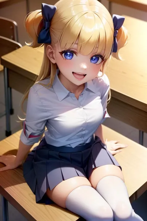 1 girl,solo,(emilico:1.1),smile,open mouth,(white shirt,blue short skirt,pleated skirt,school uniform:1.3),(white thigh highs:1.3),(sitting:1.3),(from above:1.2),indoors,school classroom,whiteboard,desk <lora:emilico:1>