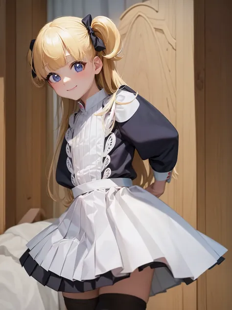 masterpiece, best quality,1girl, solo,(emilico:1.1),standing, arms behind back, light smile,(maid uniform,pleated skirt:1.3),(white thigh highs:1.3),indoors,bedroom,(looking at viewer:1.5), (upper body:1.3),focus on face,<lora:emilicoShadowHouse_v10:0.8>