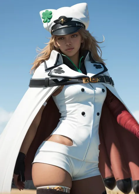 <lora:guiltygear_ramlethalvalentine-12:1> 1girl, ramlethal valentine, dark skin, dark-skinned female, expressionless, looking at viewer, white headwear, cape, short shorts, thigh strap, (gloves:1.1), bandages, bandaged arm, bandaged leg, four-leaf clover, (masterpiece, best quality:1.4), (modern days), (cowboy shot), 1girl, solo, pov, sfw, stunning girlfriend, (standing:1.1), dynamic pose, heart shaped face, elegant face, beautiful face, highly detailed face, highly detailed skin, skin pores, subsurface scattering, realistic pupils, medium breast, loving smile, looking at viewer, full face blush, full lips, detailed background, depth of field, atmospheric perspective, volumetric lighting, sharp focus, absurdres, realistic proportions, good anatomy, (realistic, hyperrealistic:1.4), 16k hdr,