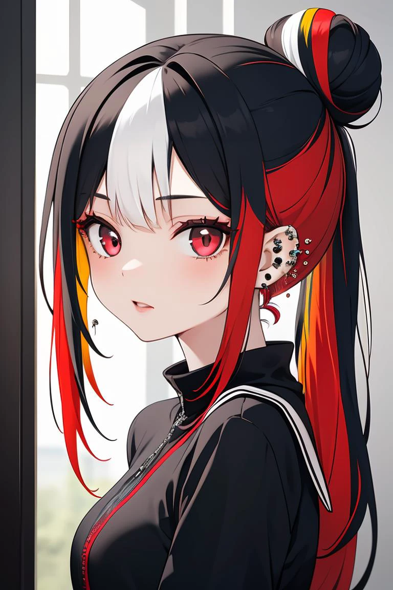 (masterpiece, best quality), 1girl, <lora:1672606378748423901:1> Effie, multicolored hair, red eyes, piercings, two-tone hair