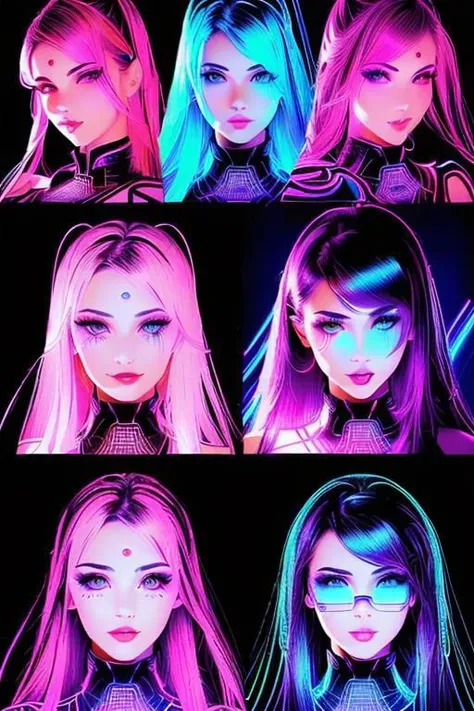 savmixv_6:2 (masterpiece) (insanely detailed) higly detailed. A illustration picture of a sexy girl, neon lights, holographic effects, various SFX, various VSF, eyes restoration, various sexy poses ((((various facial expressions)))