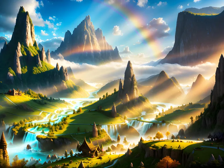 fantasy, rainbow valley, (elven village)++, hyperrealistic, beautiful, 32k, uhd, 16k+, 64K, best quality, masterpiece, very beautiful, perfectionism, max detail, soft shadows, expressive, perfect, intricate details, sharp focus, ultra detailed, cinematic, movie still, celestial, crystalline, volumetric lighting, caustics, absurdres, natural wonder, expressive, nice looking, dramatic, atmospheric, HDR, amazing detail, Otherworldly, dreamy, aesthetic, ethereal, ultra high resolution, Sunlight, Crepuscular rays, Techniscope, creationmagic, ethereal creation, particles stream <lora:nlc_blue:0.75><lora:CreationMagic-21:0.25><lora:Ghibli_v4:0.5>