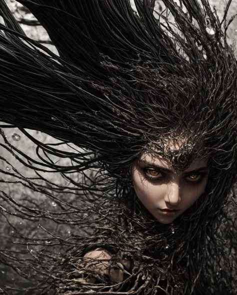 official art,unity 8k wallpaper,ultra detailed,beautiful and aesthetic,best quality,masterpiece,fantastic realism,a beautiful young oriental woman with long flowy hair ruled by the dark powers of the underworld wearing wearing fantasy attire surounded by magical energy and water streaks swirling around her,grotesque malevolent demonic entity engraved into the details of the background,death stare,hair in the air,dynamic angle,(tangle, entangle),atmospheric,ecstasy of life,extremely detailed,raindrops,storming,lightning,water swirling in the air,turbulence,wind,motion blur,elements in the picture moving at high speed,disturbance,<lora:add_detail>,<lora:epiNoiseoffset_v2-pynoise:3>,(zoomed out:2),full body shot,