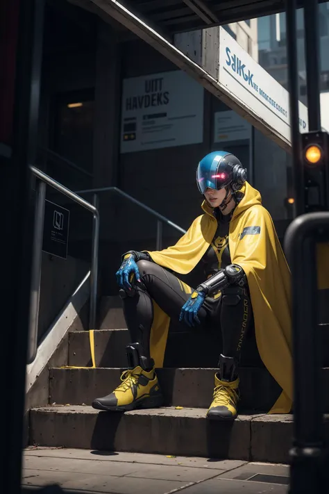 (best quality), (ultra detailed), (masterpiece), extremely detailed digital painting in magazine cover style, action-packed, woman in yellow transparent cape (sitting on steps), cyborg man cyberpunk streetwear, yellow cape, cyberpunk motorbike helmet, cyberpunk knight, space helmet, black trousers,
octane trend on, artstation, anime footage, hackerman, beautiful black blue yellow, pixiv frontpage, Darek Zabrocki, cyberpunk art,