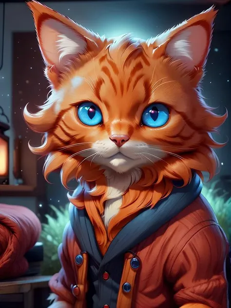 ginger cat, portrait, red clothed, night, blue, anthropomorphic<lora:warmcats-1.2-000004:0.8>