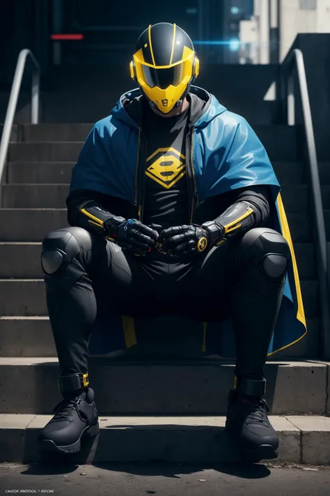 (glossy magazine cover), action-packed, man in yellow transparent cape (sitting on steps), cyborg man cyberpunk streetwear, yellow cape, cyberpunk motorbike helmet, cyberpunk knight, space helmet, black trousers,
octane trend on, artstation, anime footage, hackerman, beautiful black blue yellow, pixiv frontpage, Darek Zabrocki, cyberpunk art,
