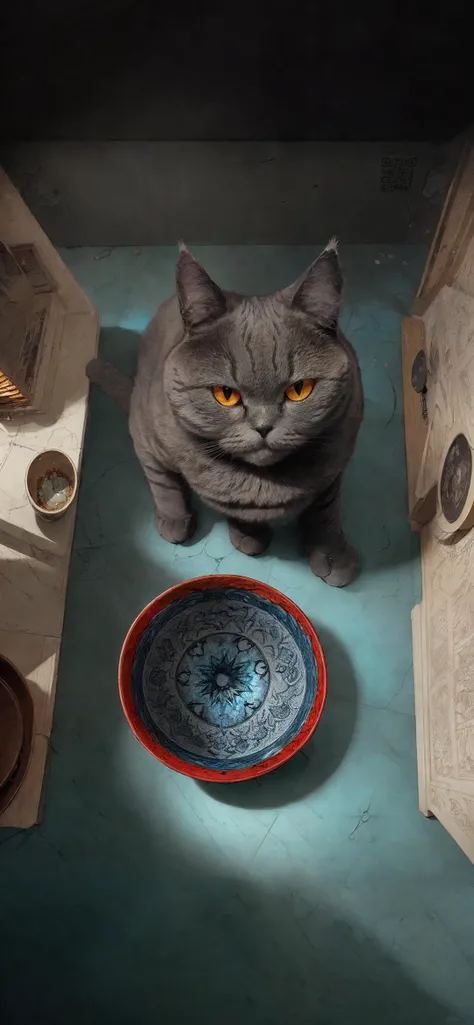 view from above, kitchen, floor,  empty bowl, (british shorthair cat MarBCo), [(by Anna Dittmann, by Tim Burton:1.2):0.5], the style of nocturne, dreamy atmosphere, dark cyan and red,, Intricate, High Detail, (Sharp focus:1.1), dramatic, patrick nagel, rainbowcore, (masterpiece:1.5), (best quality) (detailed) (intricate) (8k) (HDR) (wallpaper) (cinematic lighting) (skin texture:1.2), by Greg Rutkowski , <lora:nets-2:0.6> <lora:MarBCo:0.5>