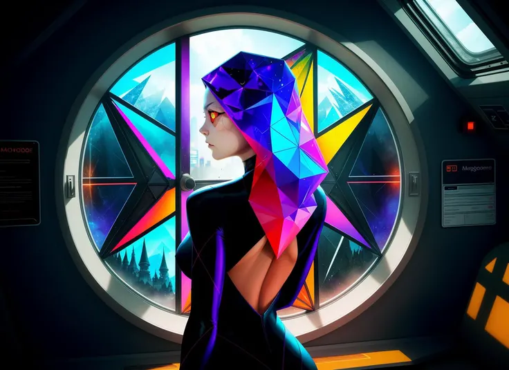 three cornered window, back of head shot of (woman looking out of triangle window:1.1), 3rd person, Looking out the triangular window of a (train:1.1) with triangular windows, triangular windows and triangular, wheels, in a fantasy world,
psychedelic, geometric, vivid light, high contrast, triadic colors, dark shadows, explosions, nuclear mushroom cloud, nuclear explosion, dystopian nightmare,
(beautiful composition),
21 yo woman,