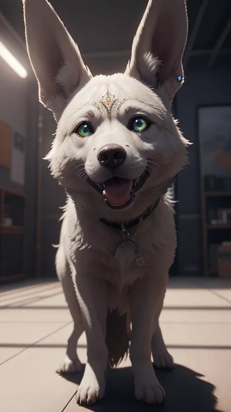 There is a white dog with green eyes standing on a tile floor - SeaArt AI
