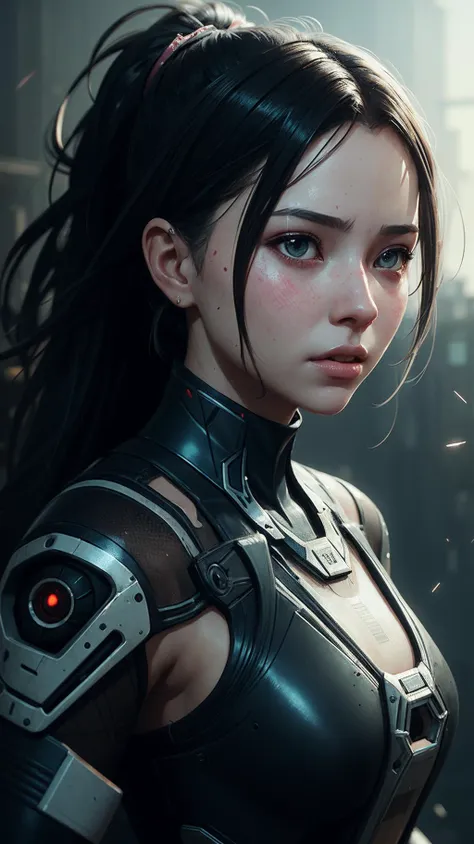 a cute girl, (epic portrait:0.85), flowing hair, sweaty skin, night, [[soft cinematic light, adobe lightroom, photolab, hdr, intricate, highly detailed, ]], ((by Ismail Inceoglu, by Benedick Bana)), (depth of field), epic realistic, [cyberpunk]