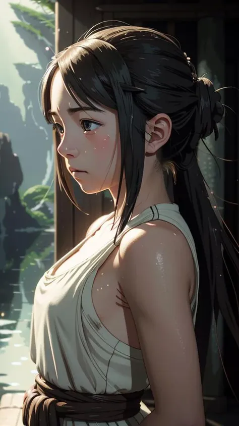 a (cute:1.1) girl, (epic portrait:0.85), flowing hair, sweaty skin, night, [[soft cinematic light, adobe lightroom, photolab, hdr, intricate, highly detailed, ]], (((by alan kenny,by studio ghibli , ))), (depth of field), epic realistic, mystical haze