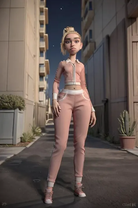 <lora:CourtneyBabcock1:1>, COURTNEY BABCOCK, BLUE EYES, PONYTAIL, BLONDE HAIR, MIDRIFF, PANTS, SNEAKERS, 1 girl, masterpiece, trending background, 3d render