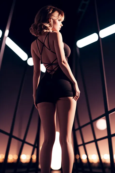 a woman, criss cross, blurry background, back, legs, night