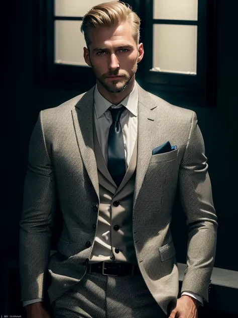 Caucasian blonde man in grey trousers and suit jacket, muscle man with short haircut, short beard, Forty-years-old, hard look, (looking at viewer), solo, soiree, evening party, (glamour, high life, luxury), photoreal, photorealistic, uhd, 16k, RAW photo, 32k, masterpiece, hard shadows, sharp focus, cinematic, Chiaroscuro Lighting, dramatic lighting, high resolution, high quality, fashion photography, elegant, captivating, cinema still, high depth of field, Clear Visuals, Ultra-HD-details, White Balance Shade, ISO25600, Shutter Speed 1 sec, DSLR, Kodak T-Grain