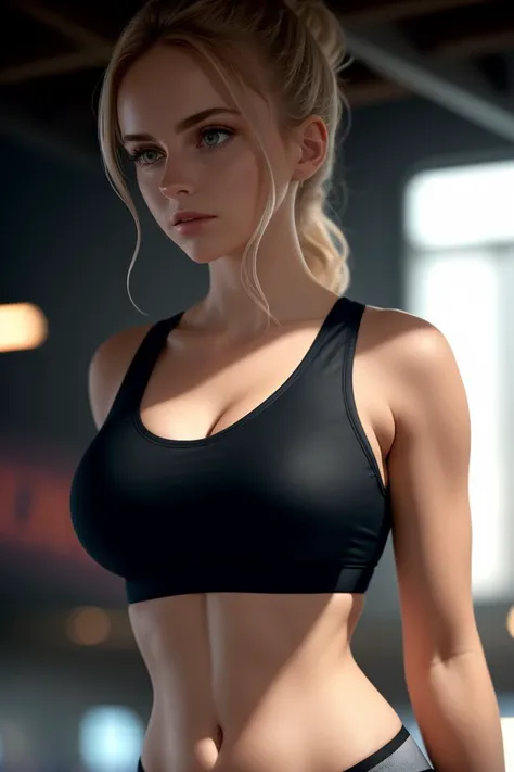 a woman, blurry background, Sports bra,
beautifully lit