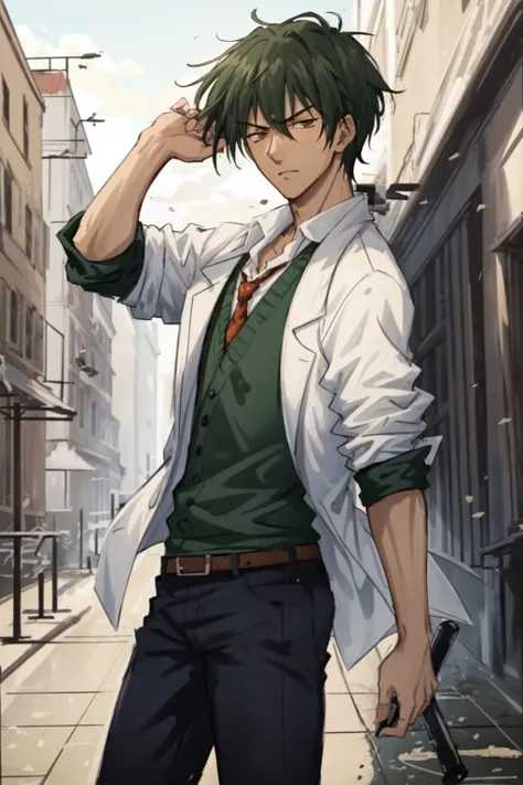 masterpiece,best quality,solo, 1boy, BowmanJeane <lora:BowmanJeane:0.9>, labcoat, red necktie, green shirt, black pants, from side, throwing a potion, action scene, dynamic pose