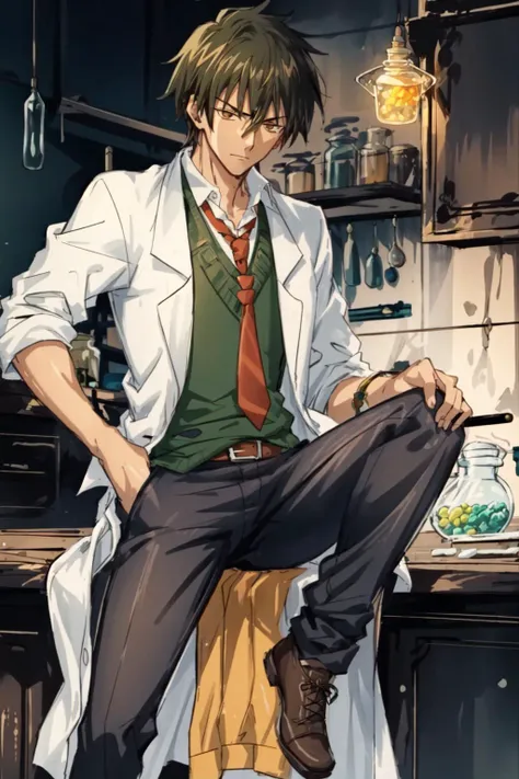 masterpiece,best quality,solo, 1boy, BowmanJeane sitting on a counter <lora:BowmanJeane:0.9>, labcoat, red necktie, green shirt, black pants, fighting stance, alchemist shop, potion, pill, herb, jar, dark
