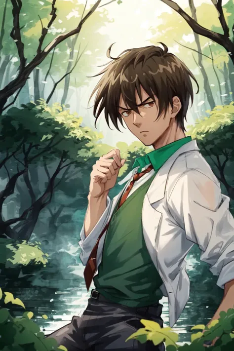 masterpiece,best quality,solo, 1boy, BowmanJeane <lora:BowmanJeane:0.85>, brown hair, labcoat, red necktie, green shirt, black pants, (fighting stance ), action scene, dynamic pose, outdoors, forest, rock, serious look, from side, clenched hands,