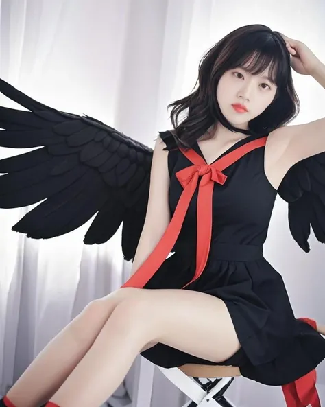 dal, (photorealistic:1.5), (extremely intricate:1.2), (8k:1.27), (ultra highres:1.2), film grain, 1girl, ahoge, angel_wings, bangs, black_capelet, black_dress, black_footwear, black_headwear, black_legwear, blonde_hair, bow, brown_eyes, capelet, dress, eyebrows_visible_through_hair, eyes_visible_through_hair, hand_on_own_knee, hat, hat_bow, lily_black, lily_white, long_hair, moon, neck_ribbon, red_bow, red_ribbon, ribbon, sash, shoes, solo, thighhighs, touhou, very_long_hair, vu_(oyavun), wings, zettai_ryouiki
