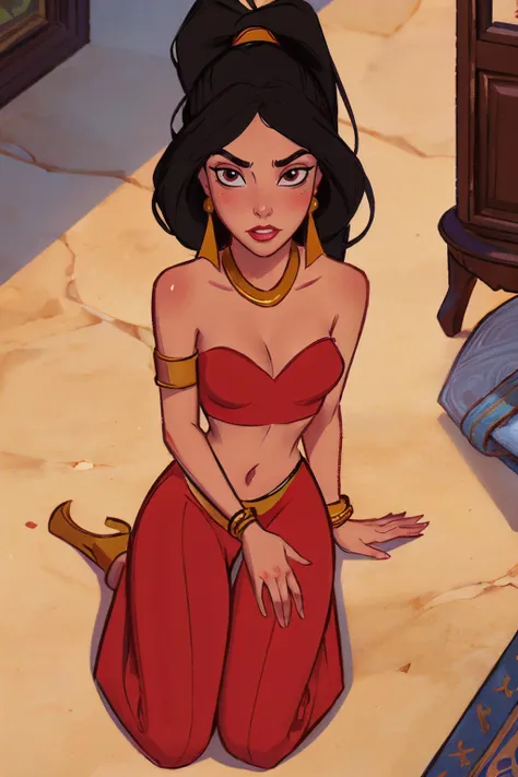 jasmine, long black hair, hairband, dark skin,earrings, red lipstick,ponytail, jewelry, tassle earrings, red crop top, red harem pants, arm bracelet, looking at viewer, serious, blush, kneeling, inside palace bedroom, from_above, soft lighting, high quality, masterpiece, <lora:princess_jasmine:.7>