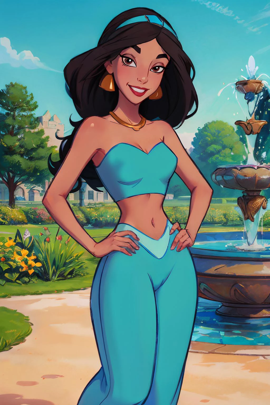 jasmine, long black hair, hairband, dark skin,earrings, red lipstick, bare shoulders, brown eyes, jewelry,blue bedlah crop top, blue harem pants, looking at viewer, smiling, standing, hands on hips, outside, garden, fountain, blue sky, high quality, masterpiece, <lora:princess_jasmine:.7>