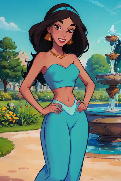 jasmine, long black hair, hairband, dark skin,earrings, red lipstick, bare shoulders, brown eyes, jewelry,blue bedlah crop top, blue harem pants, looking at viewer, smiling, standing, hands on hips, outside, garden, fountain, blue sky, high quality, masterpiece, <lora:princess_jasmine:.7>