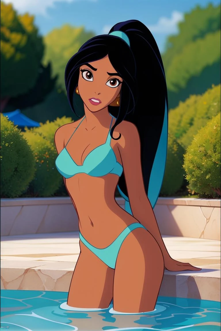 upperbody, modelshoot style, promo art, parted lips
1girl, long black hair, ponytail, brown eyes, dark skin, bikini, string ring bikini,
outdoors, poolside, lush colors, depth of field
<lora:princess_jasmine:0.75>