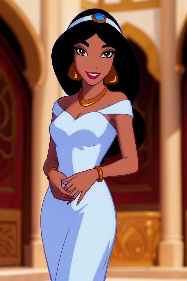 modelshoot style, smiling at viewer, parted lips
1girl, long black hair, brown eyes, dark skin, necklace, earrings, eyeshadow, makeup, bangles, intricate white Arabic dress, gold linings, detailed,
indoors, bustling party, depth of field
<lora:princess_jasmine:0.75>