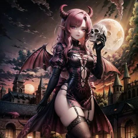 A beautiful, seductive female succubus with glowing red eyes, sharp fangs, and horns, wearing a revealing black leather outfit, sitting on a throne in a dark, gothic fantasy landscape with twisted trees, purple mist, and a full moon in the sky, (best quality,4k,8k,highres,masterpiece:1.2),ultra-detailed,(realistic,photorealistic,photo-realistic:1.37),intricate details,chiaroscuro lighting,dramatic shadows,moody atmosphere,dark fantasy,gothic,twisted,dramatic