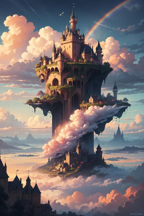 a surreal view of clouds, by Tom Froud, surreal art contest winner, dreamlike, pink clouds, rainbow skies, fluffy, abstract clouds, fantasy, dreamworld, surreal landscapes, cloud castles, floating gardens, impossible structures, secret gardens, a journey through a dream, enchanted skies, mysterious beauty, mythical
