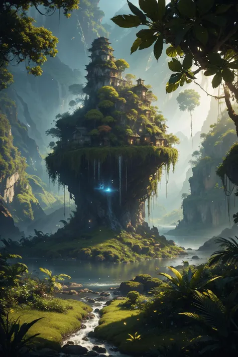 Highly detailed cinematic film still, wide angle landscape shot, otherworldly dark fantasy jungle world,villages, creatures, (lush vegetation), (mountains:1.1), (god rays:0.4), dense alien jungle, toned body, (highly detailed, hyperdetailed, intricate), (lens flare:0.4), (bloom:0.5), particle effects, cinematic lighting, (soft lighting:0.6), prominent projected shadows, deep depth of field, (film grain:0.5), photographed on a Leica SL (Typ 601) Mirrorless Digital Camera, 50mm wide angle lens, F2.8 aperture, deep focus, (RAW), cinematic film still from Avatar, abstract dream, space, intricate, grand scale, alone, cinematic film still, insane detail, sharp focus, depth of field, realistic lighting, (realistic perspective), complex, (multiple subjects), 4k HDR