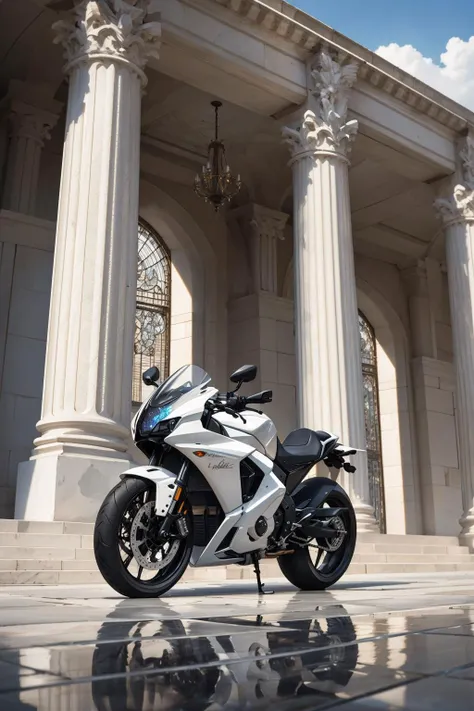 lucid pearl white motorbike, iridescent, prestige, diamond inlay, carbon fiber, metal, stealth, translucent, crystal, BREAK, marble tile, reflective surface, luxury granite palace, columns, (plants)