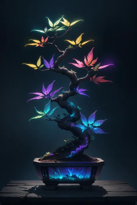 extreme quality, cg, rainbow colorful (bioluminescent leaves:1.3), growing bonsai, strong, (sprawling:0.8), branches, growth, growing, leaf, texture, 8k, top tier, life-like, octane render, tone mapping, (iridescent:1.4), cinematic, light refraction, styled, creative, masterpiece, dark background