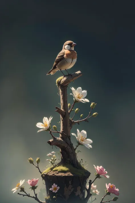 a tiny finch on a branch with spring flowers on background:1.0, aesthetically inspired by Evelyn De Morgan, art by Bill Sienkiewicz and Dr. Seuss, ray tracing, volumetric lighting, octane render