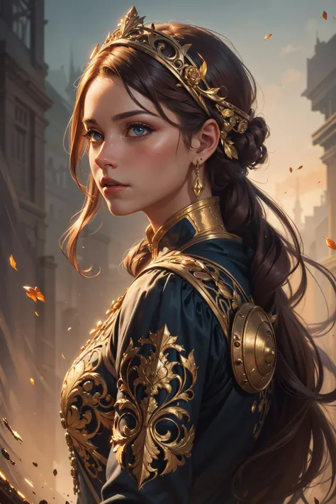 8k (full portrait) of beautiful cyborg with brown hair, intricate, elegant, highly detailed, majestic, digital photography, (art by artgerm and ruan jia and greg rutkowski, flowers of hope by Jean-Honor Fragonard, Peter mohrbacher), surreal painting gold filigree, broken glass, ornate frame:0.3, jewelry, hyper detailed, insane details, stunning, intricate, elite, art nouveau, ornate, liquid wax, elegant, luxury, Greg Rutkowski, ink style, sticker, vector-art beautiful character design, double exposure shot, luminous design, flowers in hair:0.45, head piece:0.15, circlet, seductive, perfect body, realistic metals, (masterpiece, award winning, sidelighting, finely detailed beautiful eyes: 1.2), hdr, (off angle), ((analog style)), (photorealistic:1.6), (skeleton like:0.42), simple mottled background, long auburn red hair, (concept art), perfect lighting, perfect shading