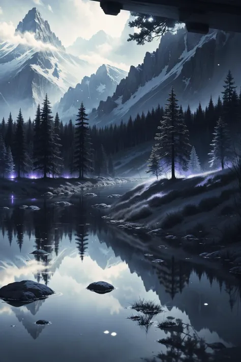 (ambience of a depth map picture), landscape, ink, reflective surface, glow, drops amongst the paper