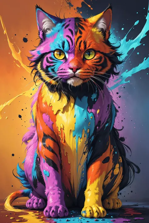 extreme quality, cg, detailed face+eyes, (bright colors), splashes of color background, colors mashing, paint splatter, complimentary colors, electric, neon, magical, (thunder cat), impatient, (limited palette), synththwave, masterpiece, fine art, tan skin, upperbody