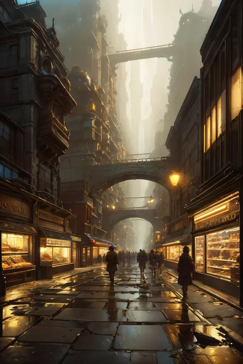 The broken path leads to the shining dwarven city of Angband, where skyscrapers and shops lining the streets are decorated with art deco european gold intricate details, people on the street, by Craig Mullins, ilya kuvshinov, krenz cushart, artgerm trending on artstation by Edward Hopper and Dan Mumford and WLOP and Rutkov, <lora:DwemerTech:0.6>
