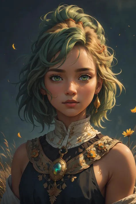 (masterpiece:1.1), (highest quality:1.1), (HDR:1.0), extreme quality, cg, stylized, detailed face+eyes, (colorful), (powerful colors:1.4), photo of a girl, (tan skin), fashionable, light dust, petals, movies, varied depth of field, medium hair, fluffy hair, green hair, masterpiece, 8k, tone mapping, hyper focus, yellow, platinum eyes, (upper body:0.8), natural body, limited palette, (detailed hair:1.13), (prairie aesthetic:1.3), (creative background), (creative), hard lighting, solo, clarity, (aggressive:0.8)