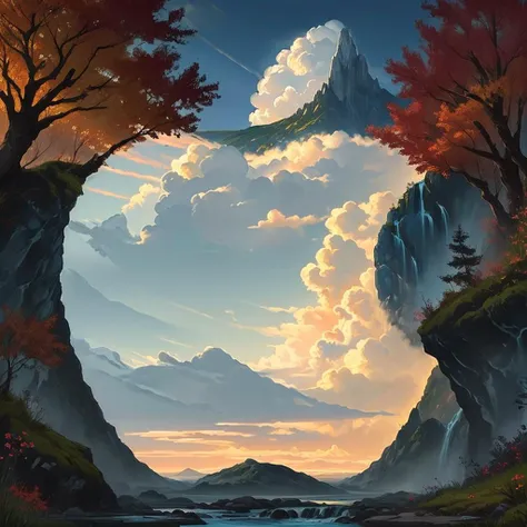 (masterpiece:1.2), (best quality:1.1), detailed, (high quality, highres:1.1), absurdres, HDR, 8k uhd, (close up:1.2), (realistic:1.1), vivid color, mountain landscape, cloud sky, beautiful sunset, (waterfall:1.1),