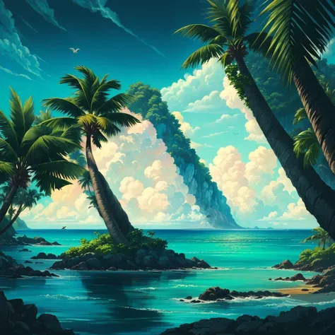 (masterpiece:1.2), (best quality:1.2), detailed, (high quality, highres:1.2), absurdres, HDR, 8k uhd, (realistic:1.1), (close shot:1.2), vivid color, tropical islands, ocean, clouds, bird, perfect place, tropical, palm tree,