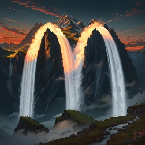 (masterpiece:1.2), (best quality:1.1), detailed, (high quality, highres:1.1), absurdres, HDR, 8k uhd, (close up:1.2), (realistic:1.1), vivid color, mountain landscape, cloud sky, beautiful sunset, waterfall,